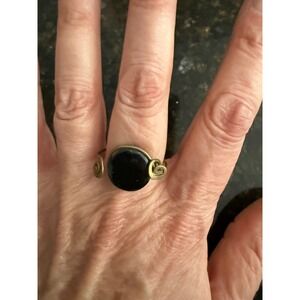 Artisan Wire Wrapped Dark Green Jade Ring Gold Tone Boho Scroll Size 7.25